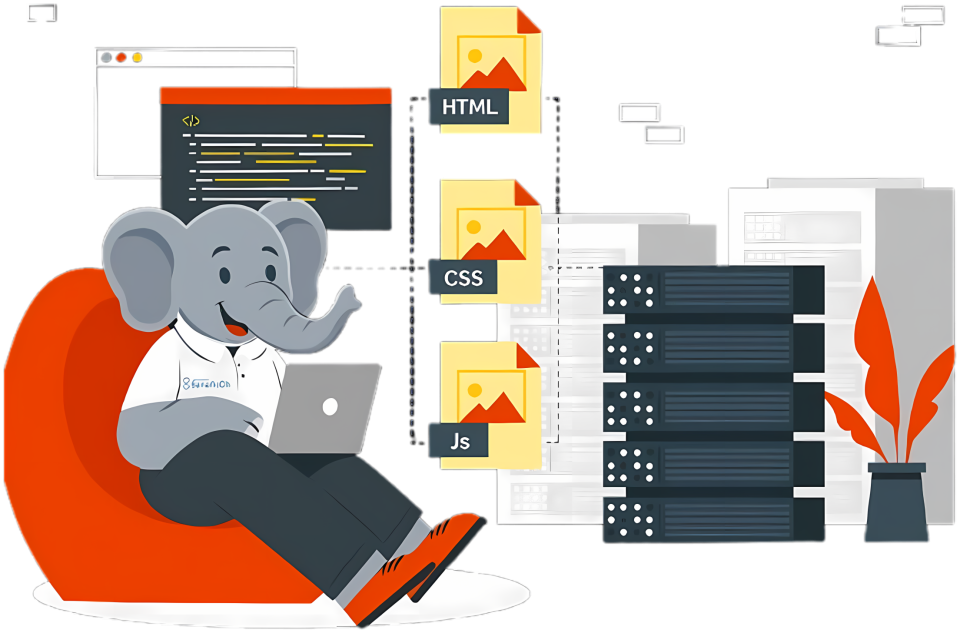 La mascotte iSamaTech assise avec un ordinateur portable, entourée de fichiers HTML, CSS et JavaScript