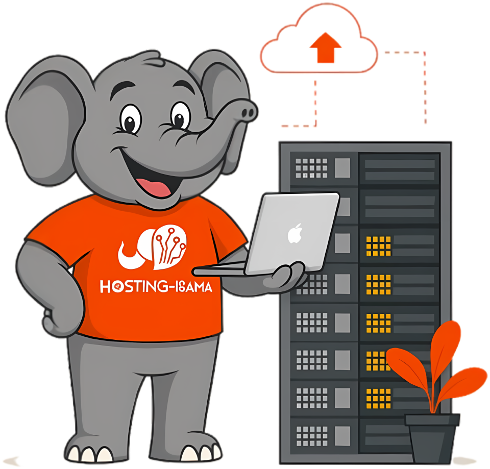 La mascotte iSamaTech en tee-shirt Hosting~Isama, ordinateur portable en main, devant une baie de serveurs